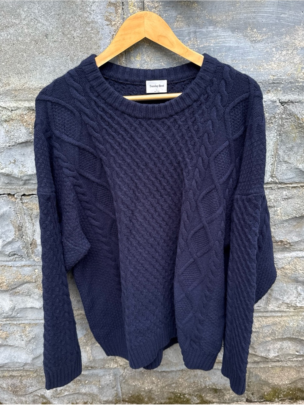 Aritzia Sunday Best Peggy Cable Knit Sweater Navy Blue Crew Neck Long Sleeve L